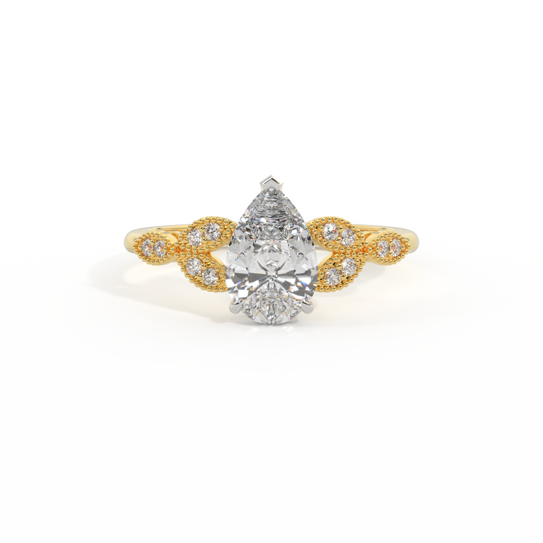 Lab Grown Solar Diamond Floral Pear Cut Diamond 18k Yellow Gold Ring