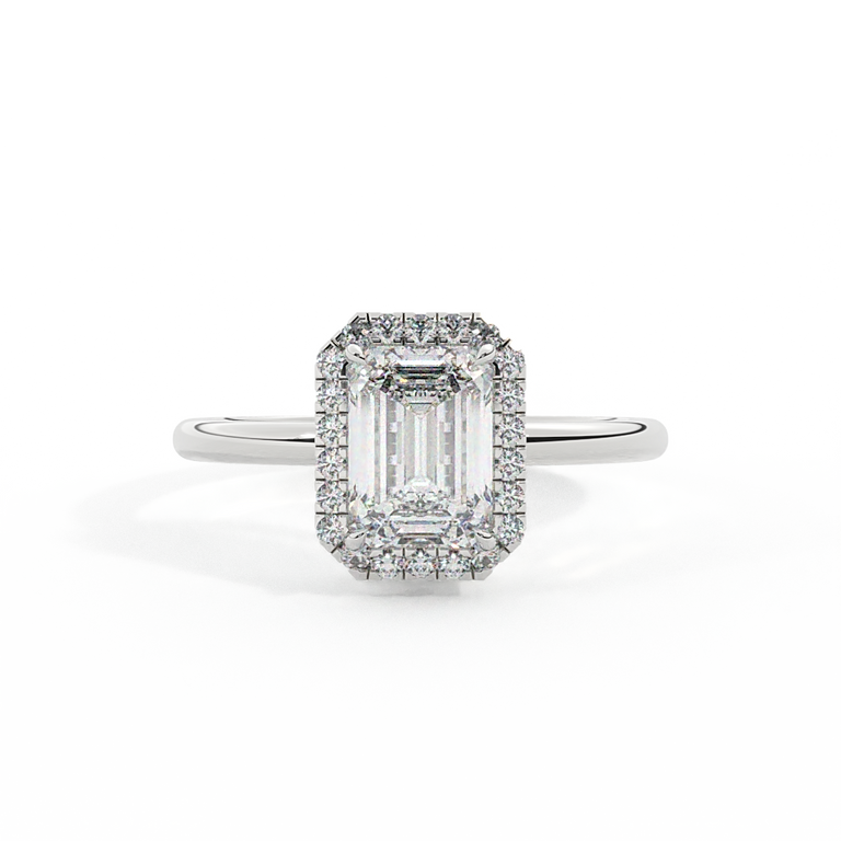 Lab Grown Diamond Halo Emerald Cut Diamond Platinum Ring