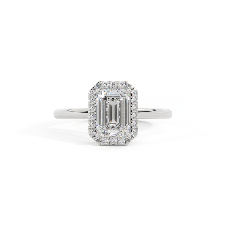 Lab Grown Diamond Halo Emerald Cut Diamond Platinum Ring