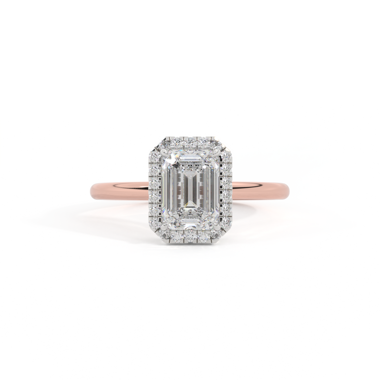 Naturally Mined Diamond Halo Emerald Cut Diamond 18k Rose Gold Ring