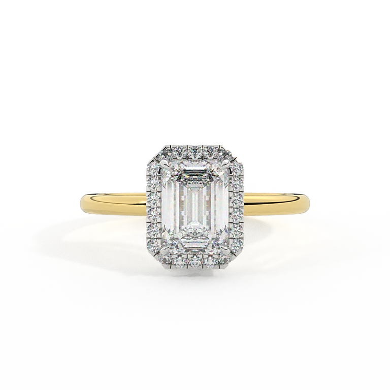 Lab Grown Diamond Halo Emerald Cut Diamond 18k Yellow Gold Ring