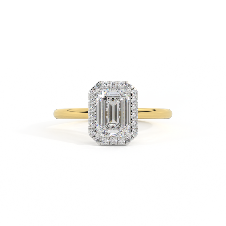Lab Grown Diamond Halo Emerald Cut Diamond 18k Yellow Gold Ring