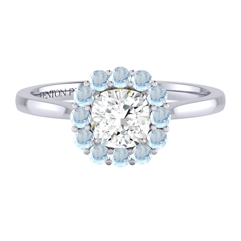 Naturally Mined Diamond Mayfair Cushion Cut Diamond and Aquamarine Platinum Ring