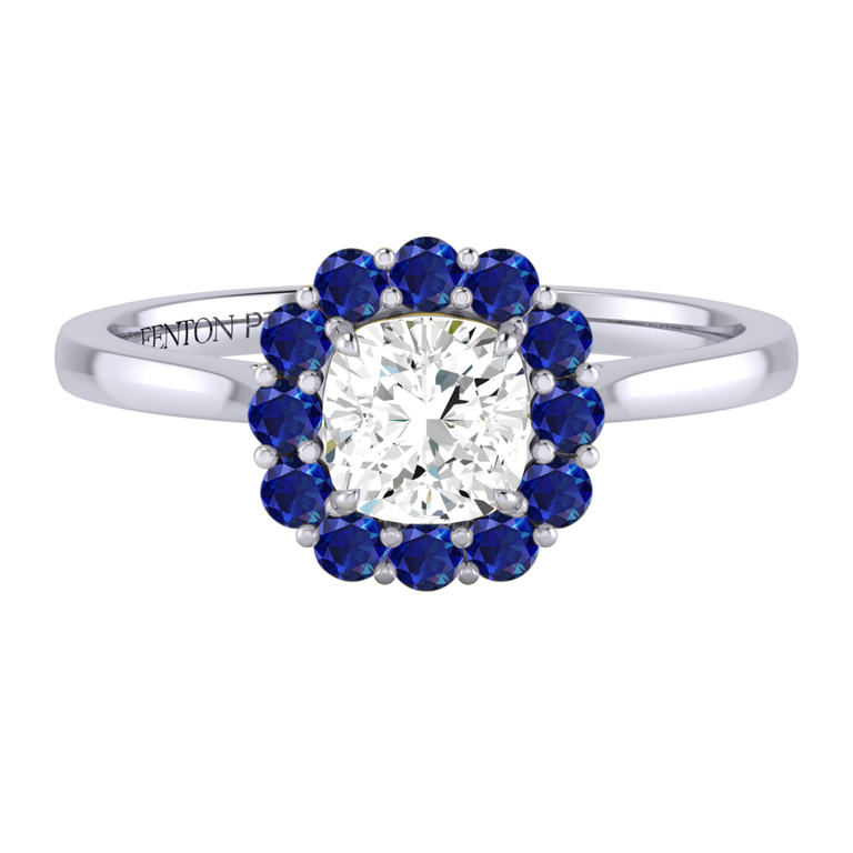 Naturally Mined Diamond Mayfair Cushion Cut Diamond and Blue Sapphire Platinum Ring