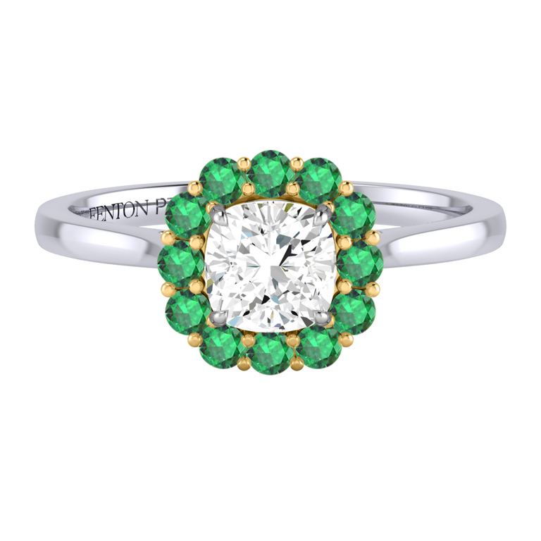 Naturally Mined Diamond Mayfair Cushion Cut Diamond and Emerald Platinum Ring