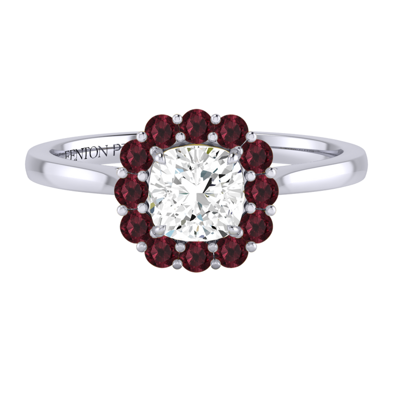 Naturally Mined Diamond Mayfair Cushion Cut Diamond and Garnet Platinum Ring