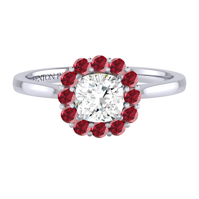 Naturally Mined Diamond Mayfair Cushion Cut Diamond and Ruby Platinum Ring