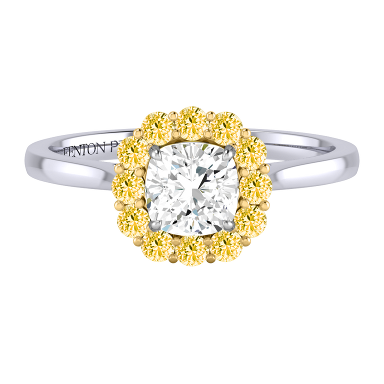 Naturally Mined Diamond Mayfair Cushion Cut Diamond and Yellow Sapphire Platinum Ring