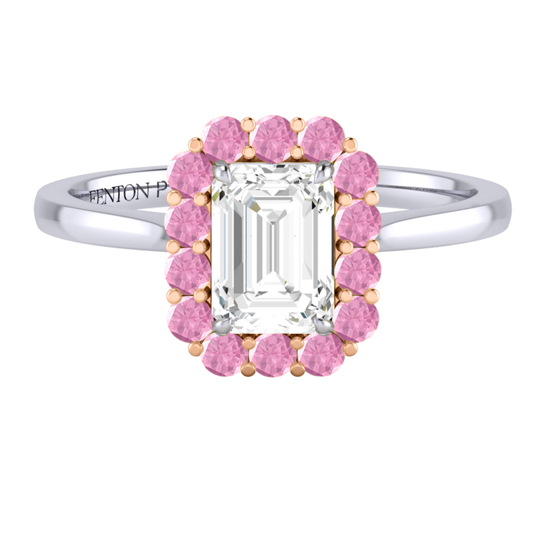 Naturally Mined Diamond Mayfair Emerald Cut Diamond and Pink Sapphire Platinum Ring