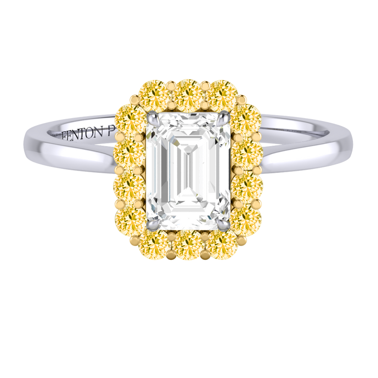 Naturally Mined Diamond Mayfair Emerald Cut Diamond and Yellow Sapphire Platinum Ring