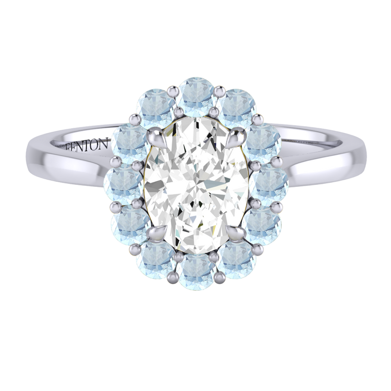 Naturally Mined Diamond Mayfair Oval Cut Diamond and Aquamarine Platinum Ring