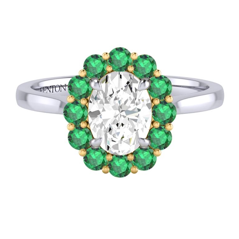 Naturally Mined Diamond Mayfair Oval Cut Diamond and Emerald Platinum Ring