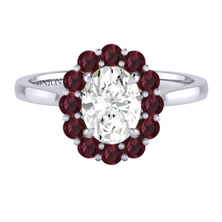 Naturally Mined Diamond Mayfair Oval Cut Diamond and Garnet Platinum Ring