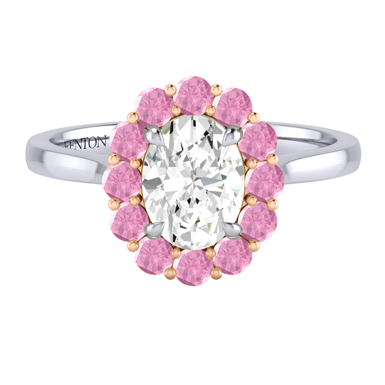 Naturally Mined Diamond Mayfair Oval Cut Diamond and Pink Sapphire Platinum Ring