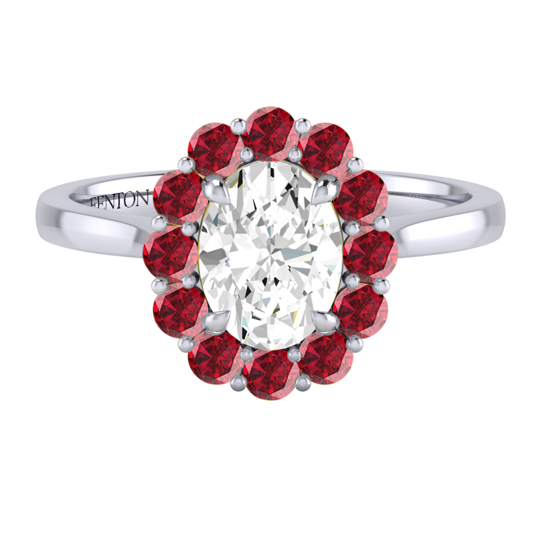 Naturally Mined Diamond Mayfair Oval Cut Diamond and Ruby Platinum Ring