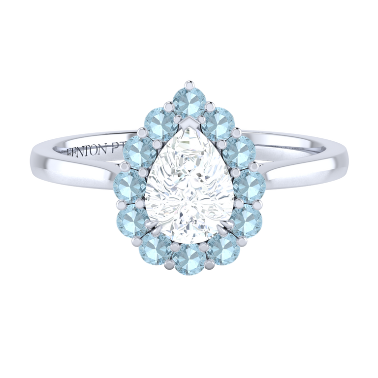 Naturally Mined Diamond Mayfair Pear Cut Diamond and Aquamarine Platinum Ring