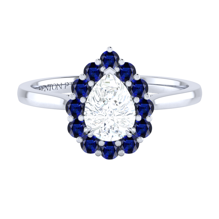 Naturally Mined Diamond Mayfair Pear Cut Diamond and Blue Sapphire Platinum Ring