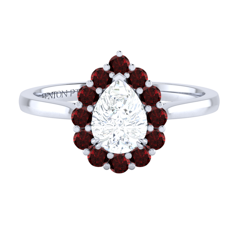 Naturally Mined Diamond Mayfair Pear Cut Diamond and Garnet Platinum Ring