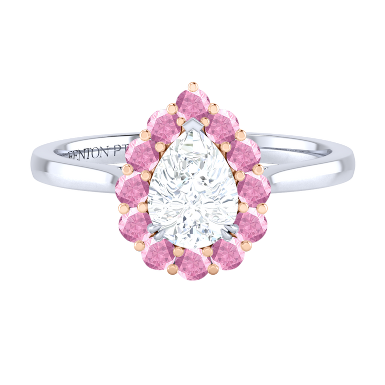 Naturally Mined Diamond Mayfair Pear Cut Diamond and Pink Sapphire Platinum Ring