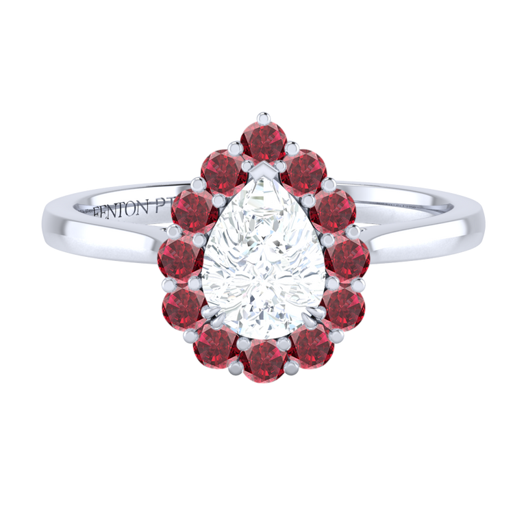 Naturally Mined Diamond Mayfair Pear Cut Diamond and Ruby Platinum Ring