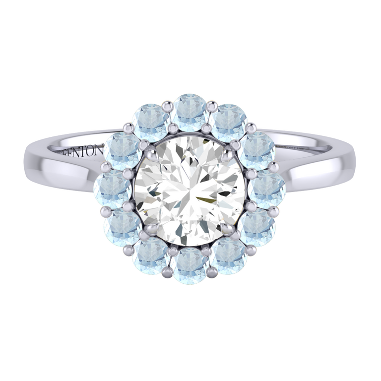 Naturally Mined Diamond Mayfair Round Cut Diamond and Aquamarine Platinum Ring