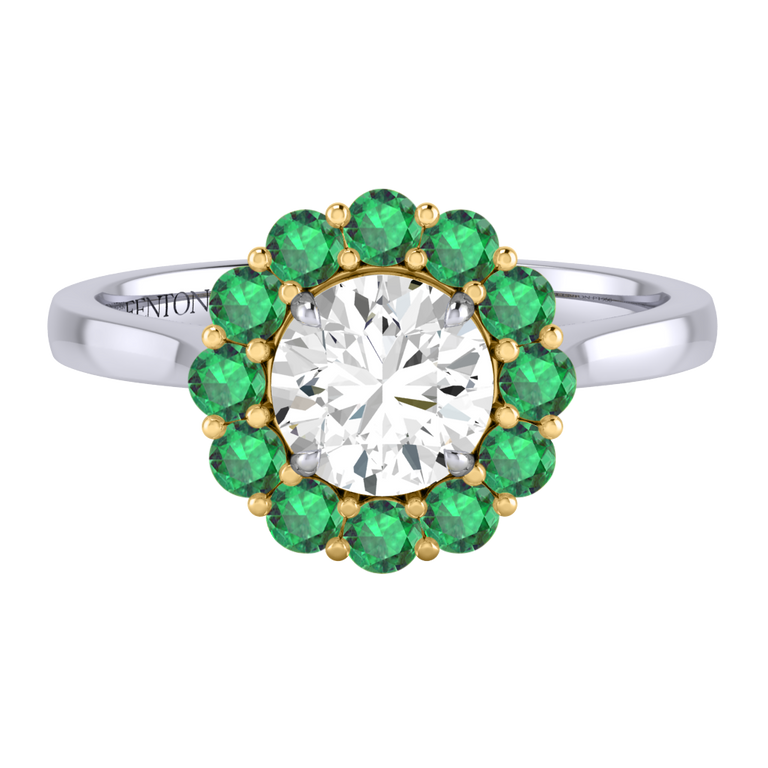 Naturally Mined Diamond Mayfair Round Cut Diamond and Emerald Platinum Ring