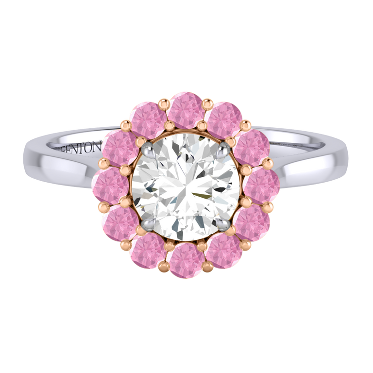 Naturally Mined Diamond Mayfair Round Cut Diamond and Pink Sapphire Platinum Ring