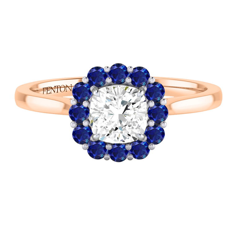 Naturally Mined Diamond Mayfair Cushion Cut Diamond and Blue Sapphire 18k Rose Gold Ring