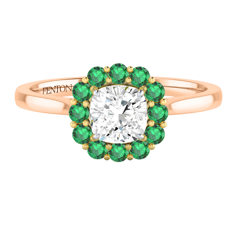 Naturally Mined Diamond Mayfair Cushion Cut Diamond and Emerald 18k Rose Gold Ring