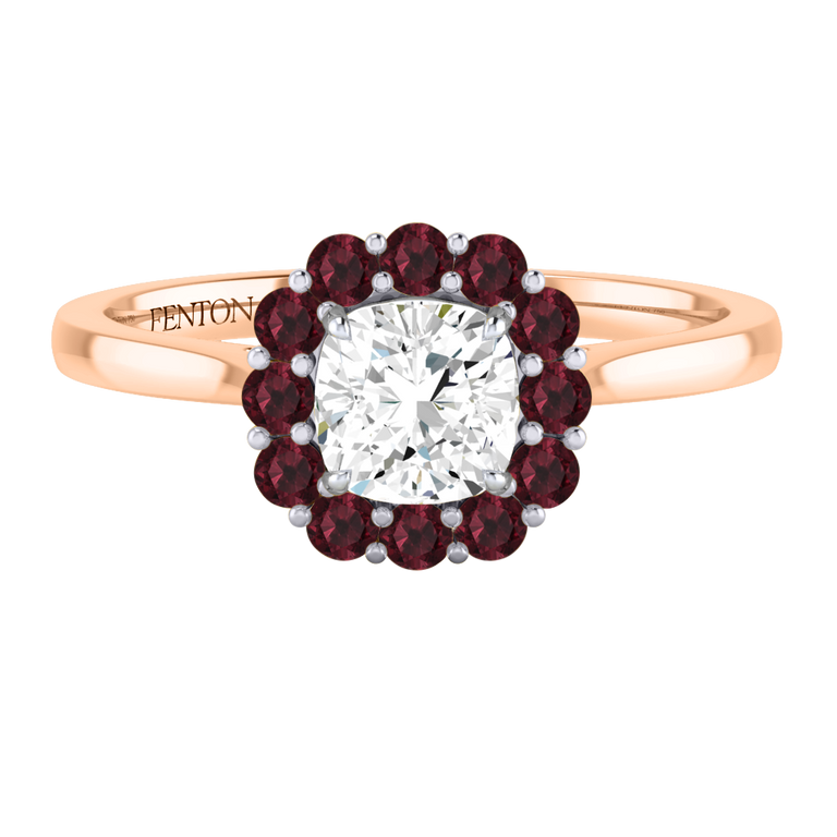 Naturally Mined Diamond Mayfair Cushion Cut Diamond and Garnet 18k Rose Gold Ring