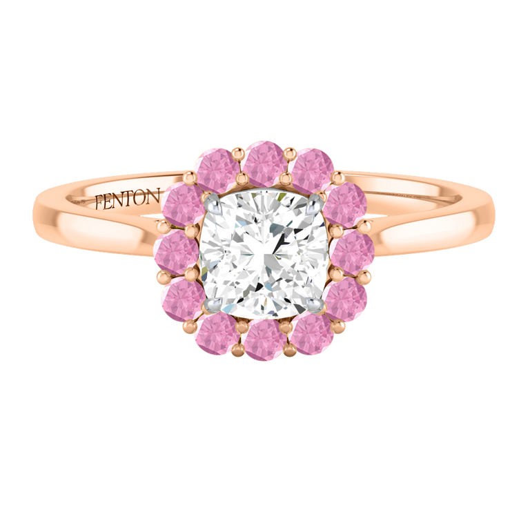 Naturally Mined Diamond Mayfair Cushion Cut Diamond and Pink Sapphire 18k Rose Gold Ring