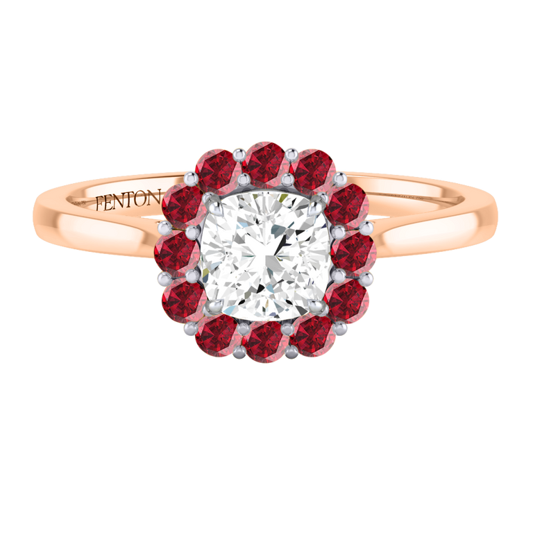 Naturally Mined Diamond Mayfair Cushion Cut Diamond and Ruby 18k Rose Gold Ring