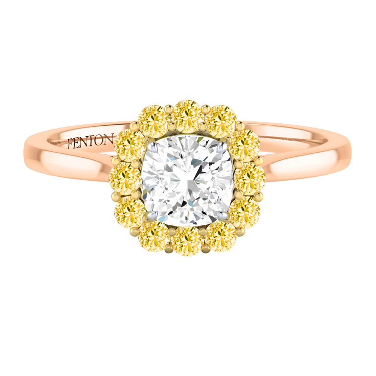 Naturally Mined Diamond Mayfair Cushion Cut Diamond and Yellow Sapphire 18k Rose Gold Ring