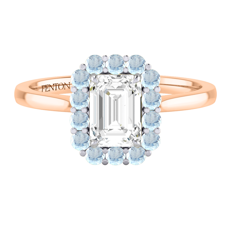 Naturally Mined Diamond Mayfair Emerald Cut Diamond and Aquamarine 18k Rose Gold Ring