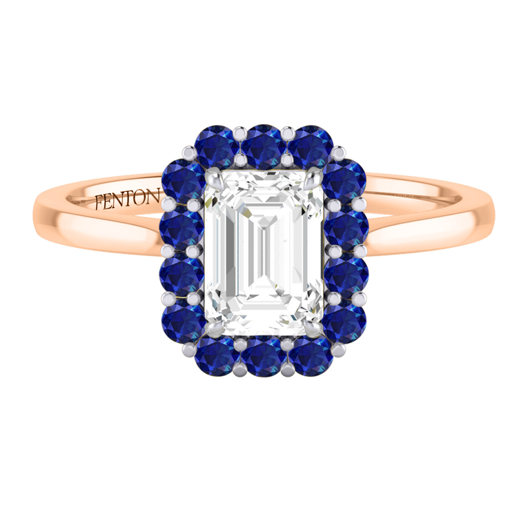 Naturally Mined Diamond Mayfair Emerald Cut Diamond and Blue Sapphire 18k Rose Gold Ring