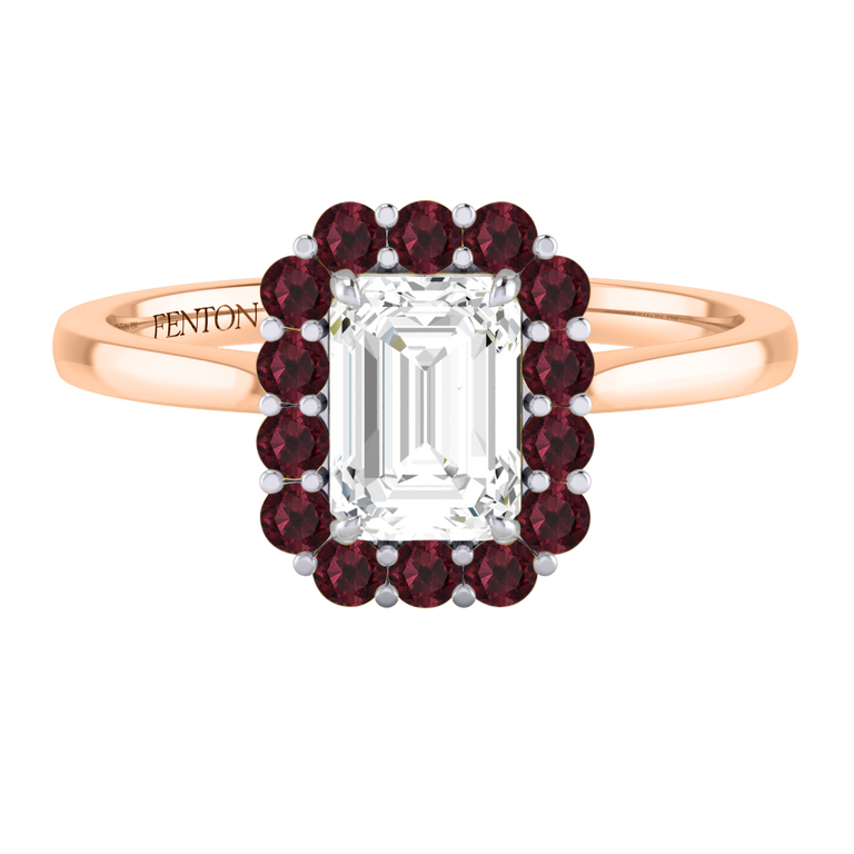 Naturally Mined Diamond Mayfair Emerald Cut Diamond and Garnet 18k Rose Gold Ring