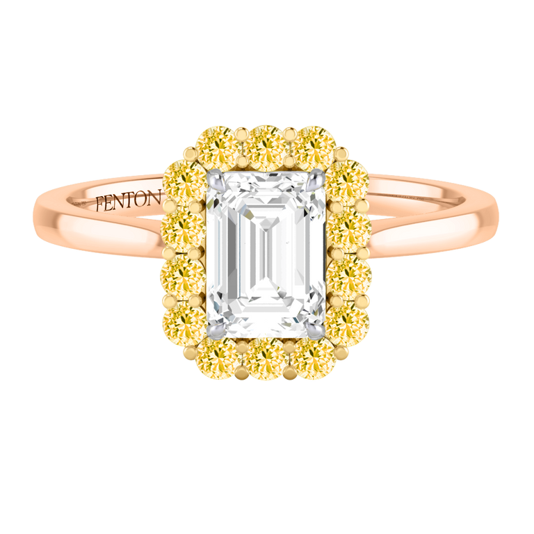 Naturally Mined Diamond Mayfair Emerald Cut Diamond and Yellow Sapphire 18k Rose Gold Ring