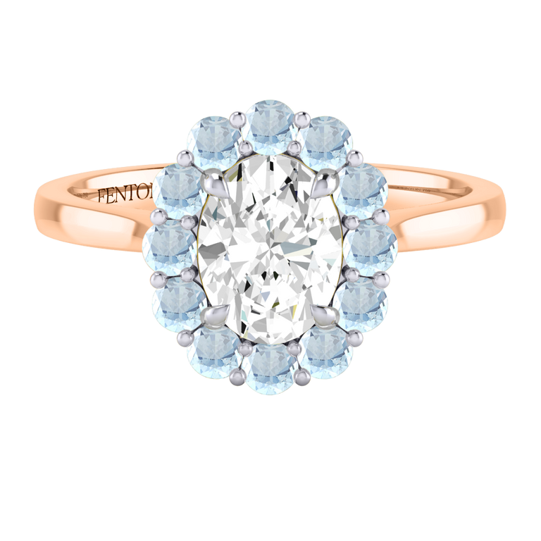 Naturally Mined Diamond Mayfair Oval Cut Diamond and Aquamarine 18k Rose Gold Ring