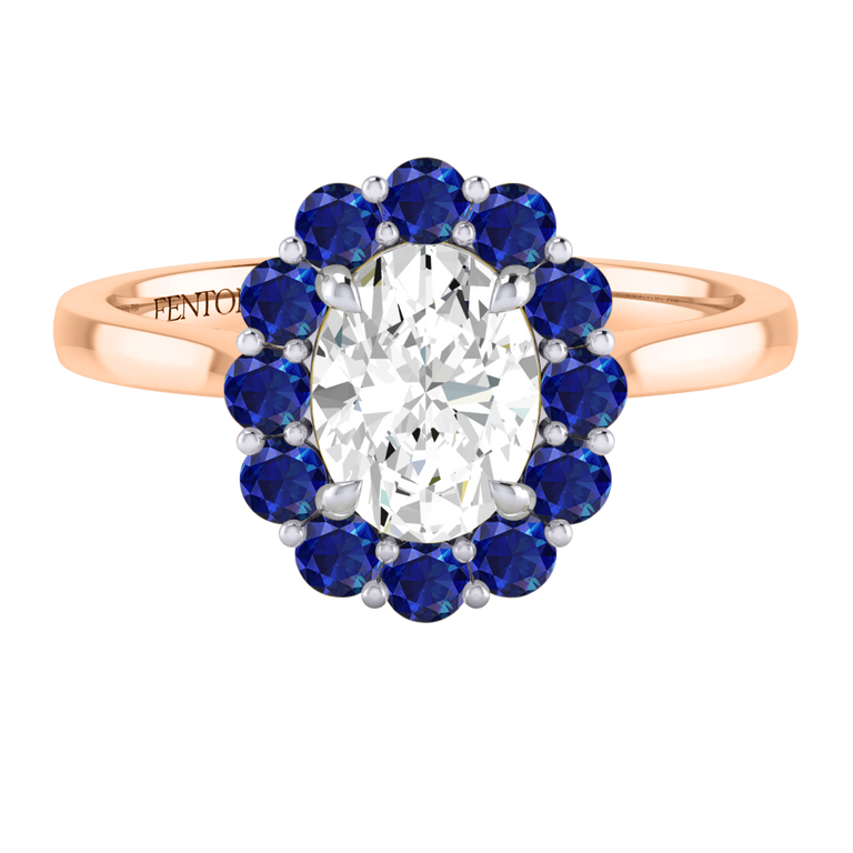 Naturally Mined Diamond Mayfair Oval Cut Diamond and Blue Sapphire 18k Rose Gold Ring