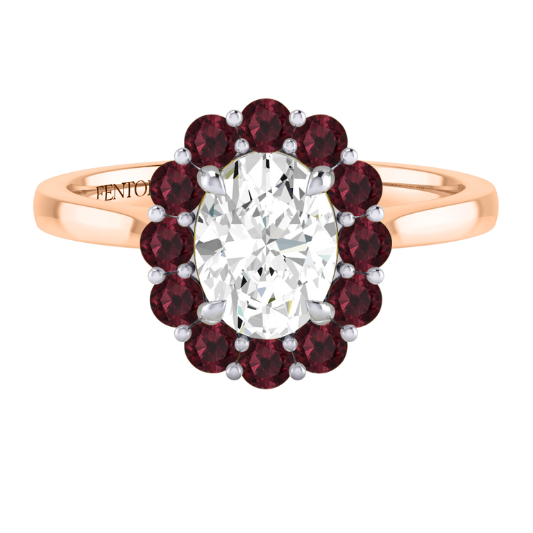 Naturally Mined Diamond Mayfair Oval Cut Diamond and Garnet 18k Rose Gold Ring