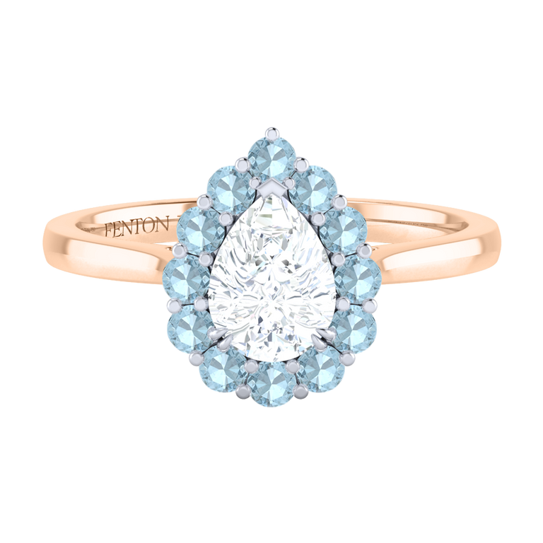 Naturally Mined Diamond Mayfair Pear Cut Diamond and Aquamarine 18k Rose Gold Ring