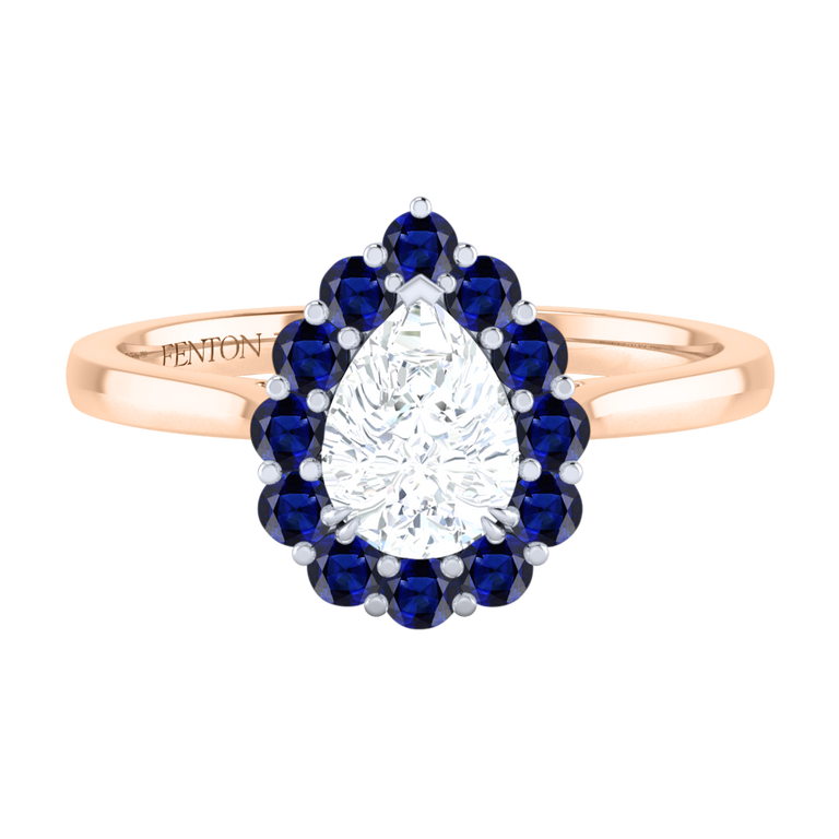 Naturally Mined Diamond Mayfair Pear Cut Diamond and Blue Sapphire 18k Rose Gold Ring