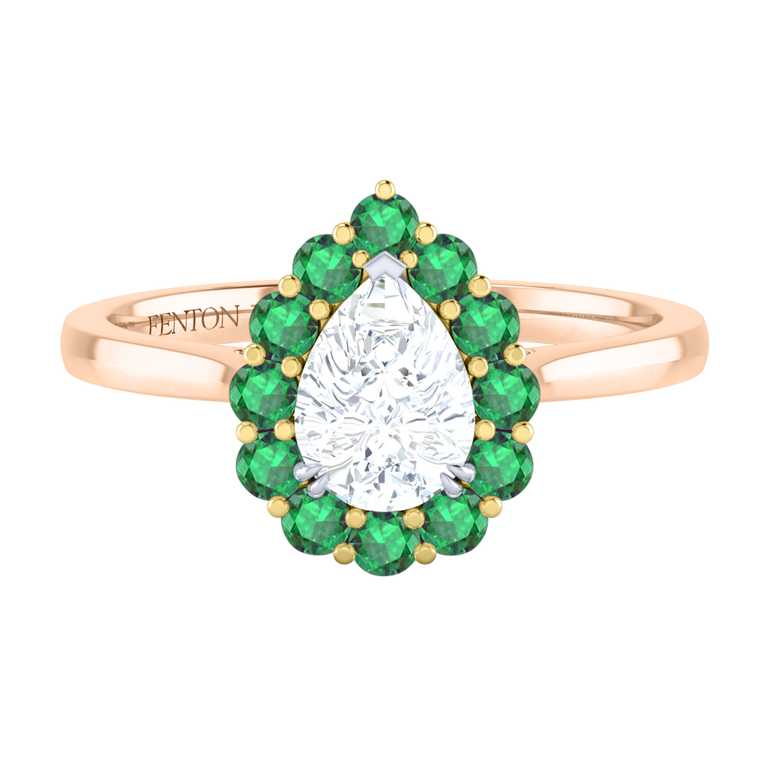 Naturally Mined Diamond Mayfair Pear Cut Diamond and Emerald 18k Rose Gold Ring