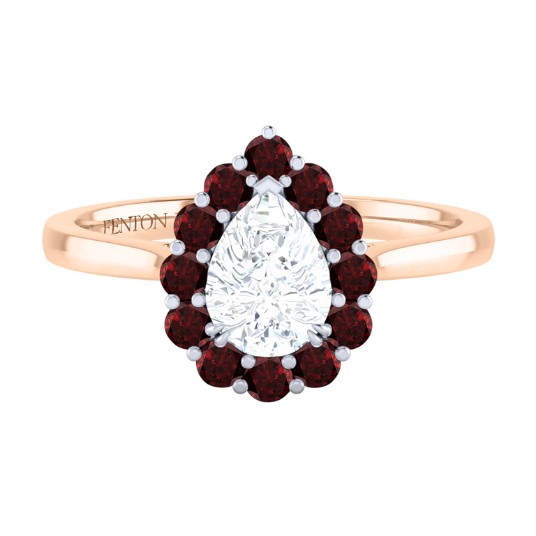 Naturally Mined Diamond Mayfair Pear Cut Diamond and Garnet 18k Rose Gold Ring