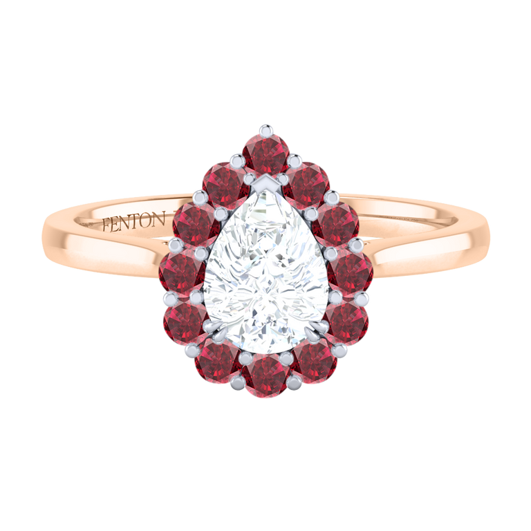 Naturally Mined Diamond Mayfair Pear Cut Diamond and Ruby 18k Rose Gold Ring