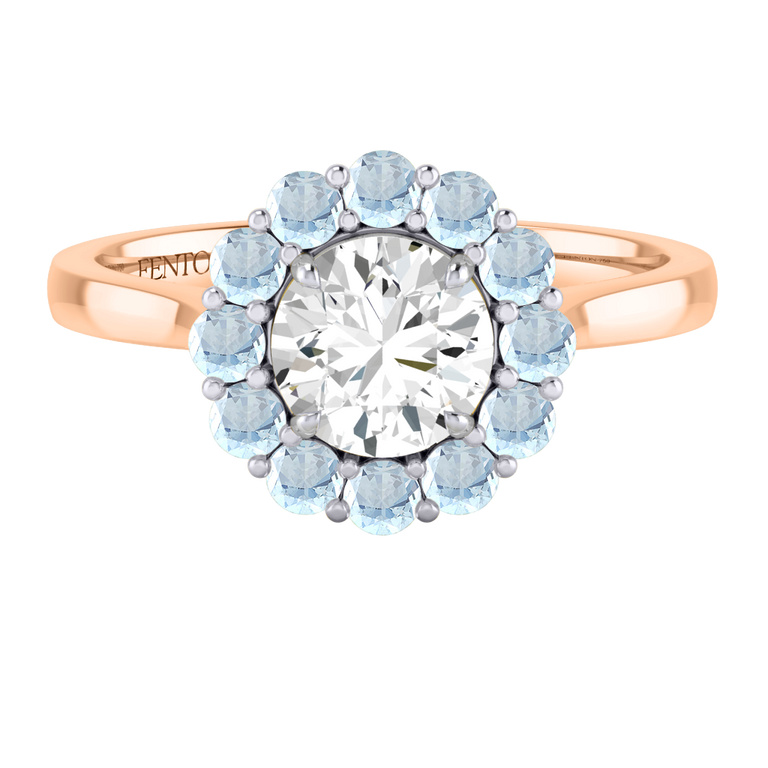 Naturally Mined Diamond Mayfair Round Cut Diamond and Aquamarine 18k Rose Gold Ring