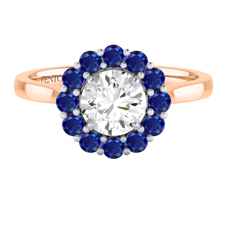 Naturally Mined Diamond Mayfair Round Cut Diamond and Blue Sapphire 18k Rose Gold Ring