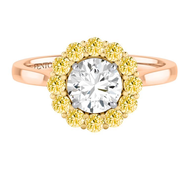 Naturally Mined Diamond Mayfair Round Cut Diamond and Yellow Sapphire 18k Rose Gold Ring