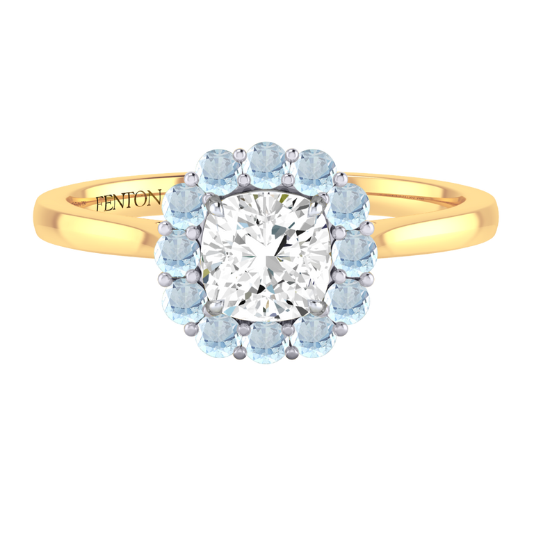 Naturally Mined Diamond Mayfair Cushion Cut Diamond and Aquamarine 18k Yellow Gold Ring