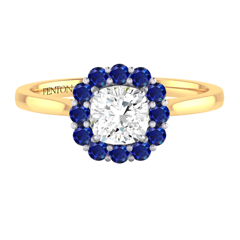 Naturally Mined Diamond Mayfair Cushion Cut Diamond and Blue Sapphire 18k Yellow Gold Ring